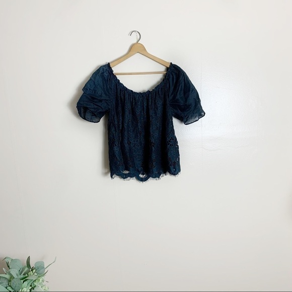 [Moulinette Soeurs] Anthropologie Navy Blue Lace Puff Short Sleeve Top - Picture 2 of 10